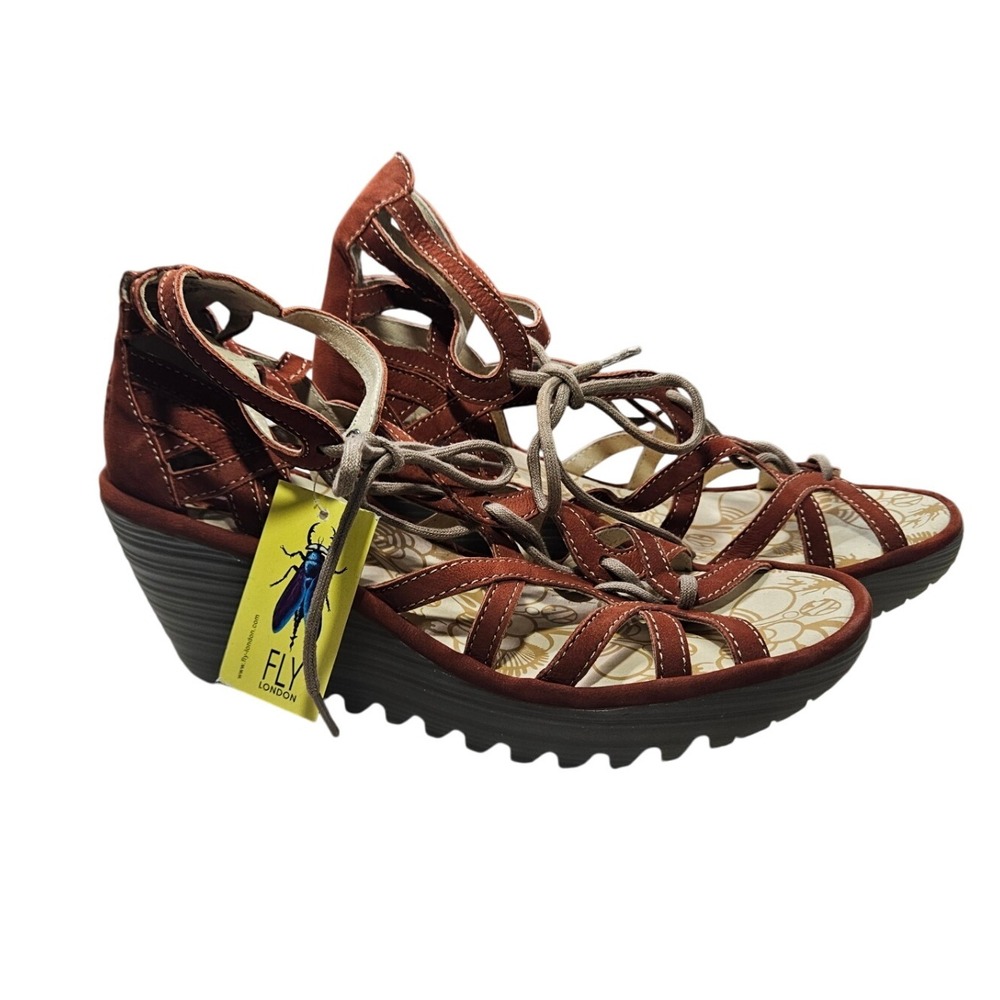 New Fly London Gladiator Cutout Wedge Sandals 8.5 39 Brown LaceUp Suede Open Toe